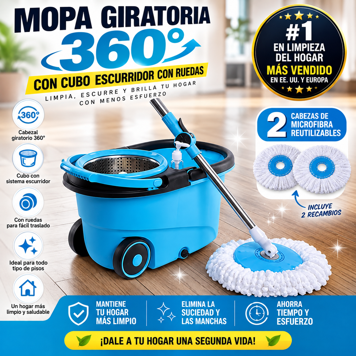 Mopa Spin 360° con Cubo Escurridor, Ruedas y 2 Cabezales